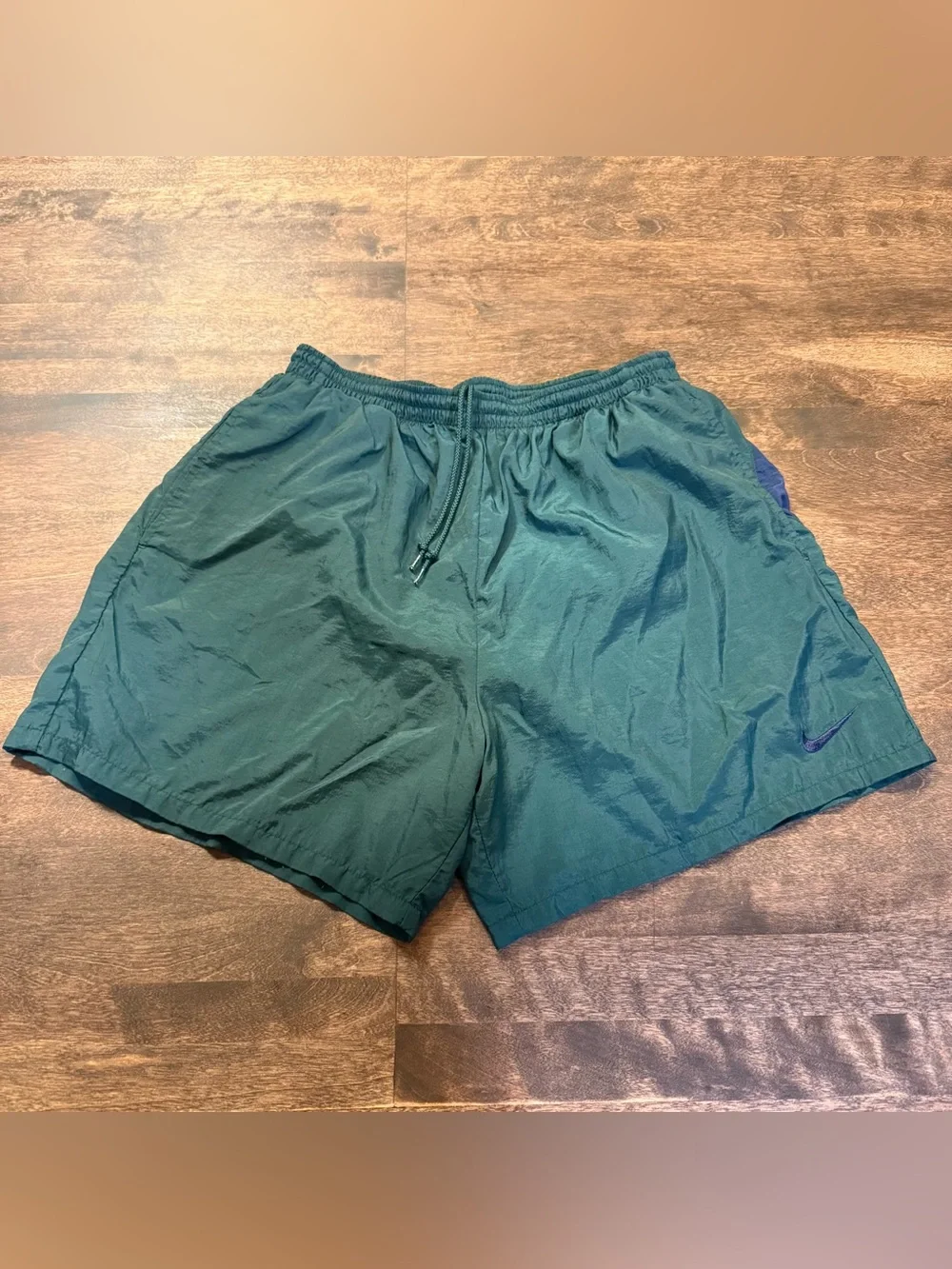 Vintage 90s Nike White Tag Big Nike Swoosh Men's Green and Navy Swim Shorts